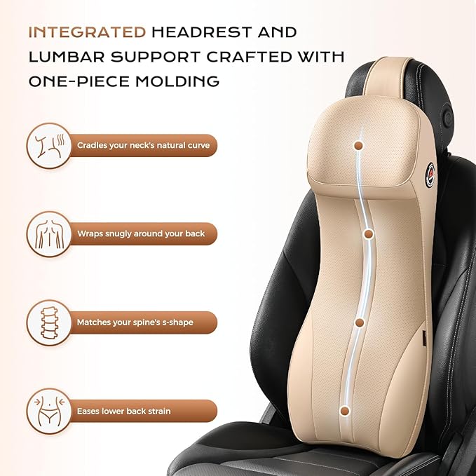 Coverado Upgraded Lumbar Support Headrest Pillow One Piece, Ergonomic Memory Foam Car Neck Pillow & Back Support with Adjustable Straps, Soft Leather Cushion for Back Neck Sciatica Pain Relief, Beige