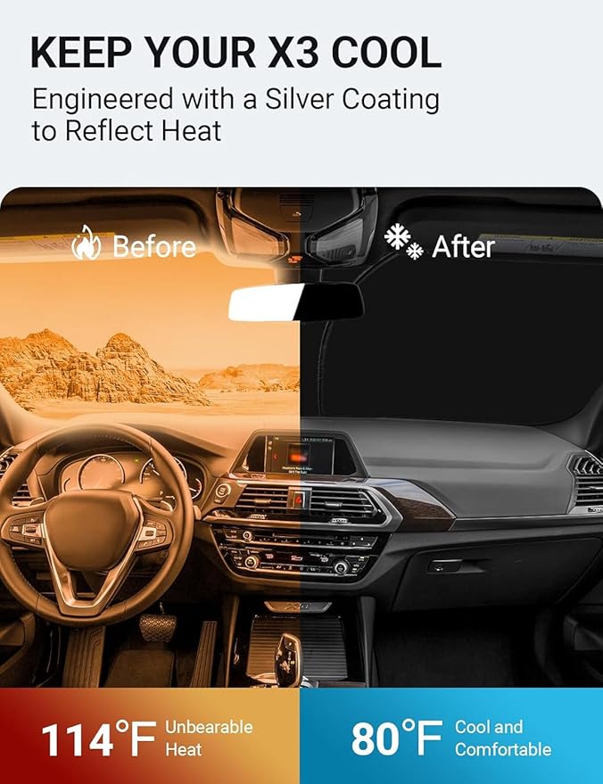 Proadsy 2026 Upgrade Front Windshield Sun Shade Foldable Sunshade Protector Custom Fit 2018-2025 BMW X3 Accessories