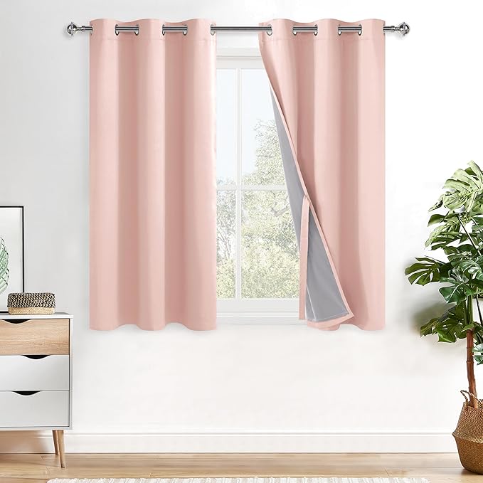 XWZO 100% Blackout Curtains 2 Panels with Tiebacks- Heat and Full Light Blocking Window Treatment with Black Liner for Kid's Room, Grommet Top, Blush Pink, W42 x L54, Set of 2