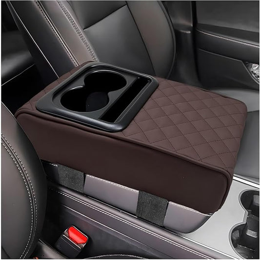 Car Center Console Armrest Pillow, Memory Foam Auto Armrest Box Cover with Cup Holder & Phone Holder, Waterproof Leather Arm Rest Protector Cushion, Interior Car Accessories (Diamond, Coffee)