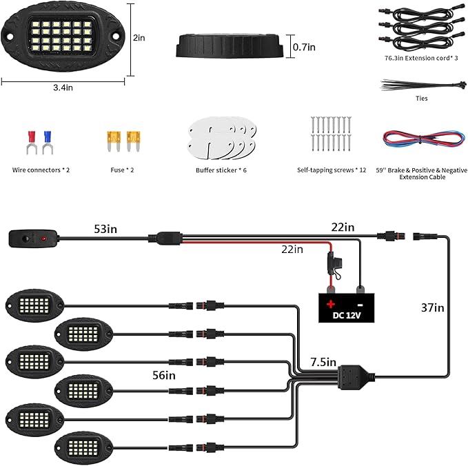 6 Pods Pure White LED Rock Lights, IP68 Waterproof Aluminum 6500K Bright White Underglow Light with Extension cord Harness,12V Metal Fender Lights for UTV ATV SXS RZR Car Golf cart Trucks Off Road Etc