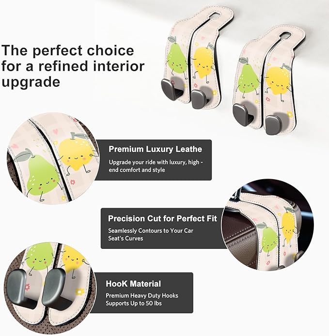 CoBak Purse Hook for Car - Universal Premium Stitched Leather and Aluminum-Magnesium Alloy Double Car Seat Back Storage Hook for Purses, Handbags, Bags (2 Pack),Fruit Play