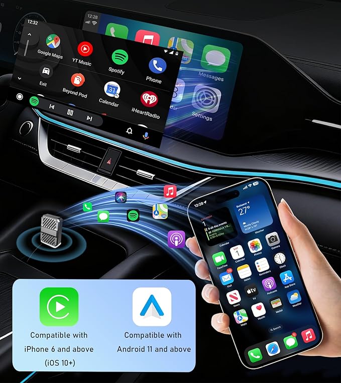 Tsnam Wireless CarPlay & Android Auto Adapter, USB Dongle for Car, Converts Wired to Wireless, Plug & Play, Auto-Connect, Compatible with iPhone and Android