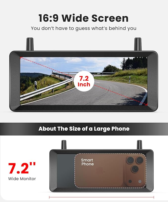 Solar Wireless Backup Camera: 7.2" 1080P Monitor, 2-Min DIY Installation, Dual Antennas, Split-Screen DVR Recording, IP69K Waterproof Reverse Camera for Car, Van, SUV, Truck, Trailer