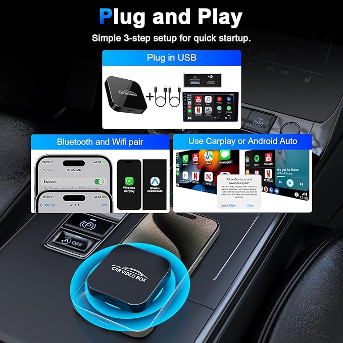 3-in-1 Wireless Carplay Adapter Support Apple CarPlay & Android Auto, Magic Video AI Box for Streaming Netflix YouTube,Upgraded Dual-Band WiFi, Converts Wired to Wireless Car Play for iPhone/Android