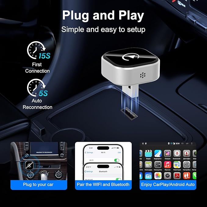 Wireless CarPlay & Android Auto Adapter: 2026 Upgraded Mini Plug & Play CarPlay Dongle - Convert Wired to Wireless - Fast Stable Connection, No Delay for for iOS 10+ & Android 11+, 2017+ Cars