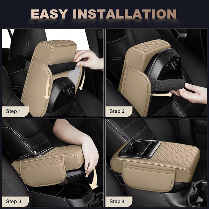 Center Console Cover Fit for Corolla Faux Leather Car Armrest Cushion with Storage Bags, Cup Holder ＆ Phone Storage Multifunctional Middle Console Cover(Beige)