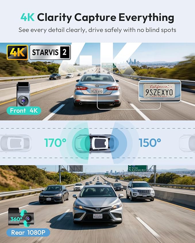 BOTSLAB 4K Dual Dash Cam Front and Rear [2026 Upgraded], STARVIS 2 Sensor, 64GB Card Included, Voice Control, 5GHz WiFi Dashcam Front and Rear Camera, Built in GPS, WDR Night Vision, 24H Parking Mode