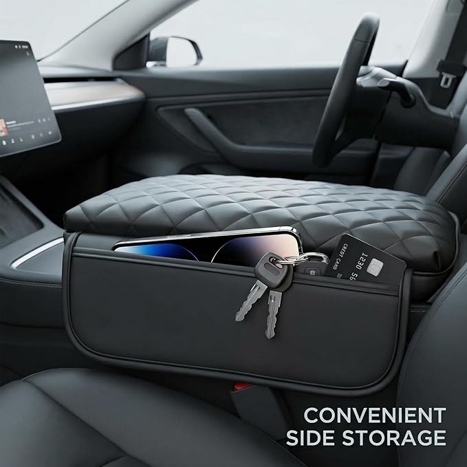 Center Console Cover for 2016-2023 Tesla Model 3 2020-2024 Model Y, PU Leather Armrest Box Cushion Protector Accessories