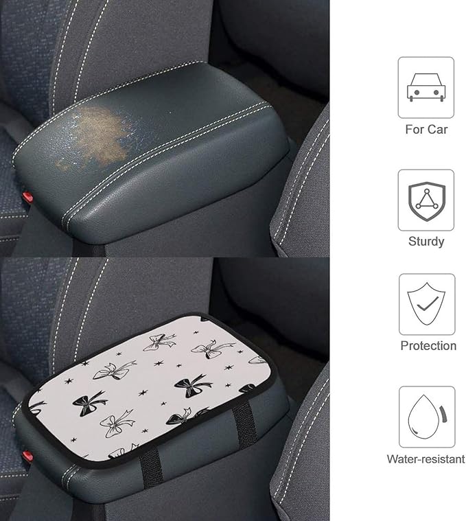 Bow Ties On Cream Car Center Console Decor Handrail Armrest Box Cushion Interior Covers Car Protector Pad Lid Cover Accessories Universal Fit for Auto Truck Vehicles