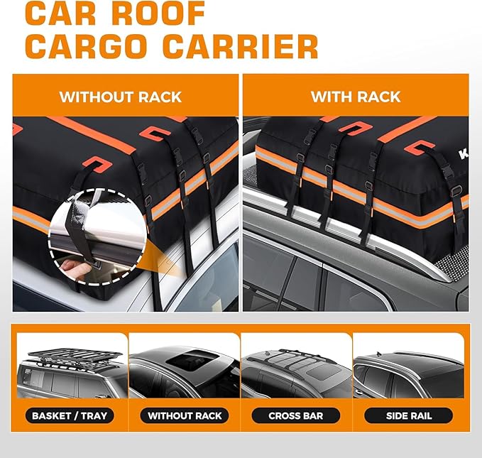 Car Rooftop Cargo Carrier Bag, 20 Cubic Feet 100% Waterproof Heavy Duty PVC Car Roof Bag for All Vehicle with/Without Racks -Anti-Slip Mat, 8 Reinforced Straps, 6 Door Hooks, Luggage Locks (Orange)