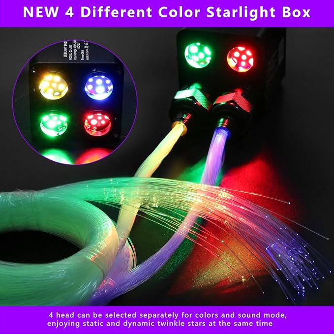 AZIMOM 4Colors 2 in 1 Meteor Twinkle Fiber Optic Starlight Headliner Kits 1000pcs 0.03in13.1ft Fiber Strands,RGB Meteor Shooting Star 240pcs, Sound Remote APP Control Home Ceiling Car Headliner Decor