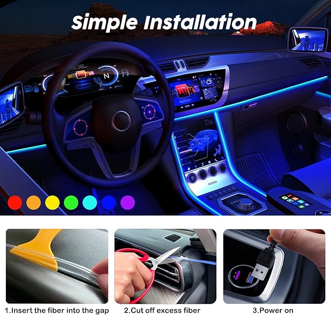 USB Car LED Lights, Interior Car Lights Strip with APP and RF Remote Control, 5 in 1 Ambient Lighting with 276 inches Fiber Optic Music Sync Simple Installation EL Wire Lights (5 in 1/276 inches)
