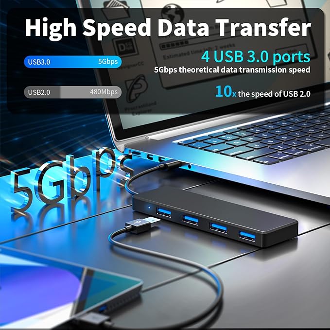 USB 3.0 Hub, 4 Ports USB A Splitter Ultra Slim Mini USB Expander, Multiple USB Hub for Laptop, PC, Xbox, Flash Drive, HDD, Console, Printer, Camera, Keyborad, Mouse and More, Black
