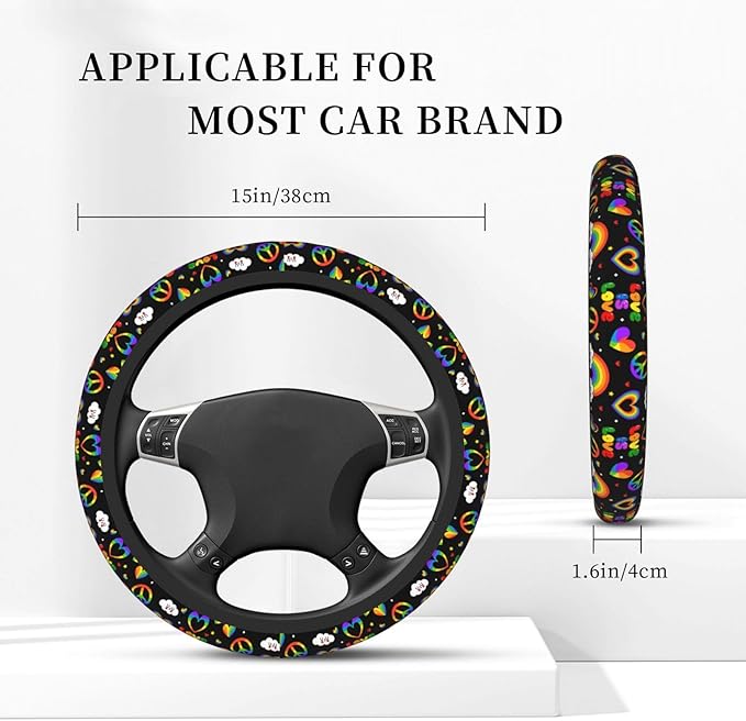 LGBTQ Pride Rainbow Heart Steering Wheel Cover for Women Elastic Rubber Steering Wheel Universal 15 Inch Fit for Cars, Auto, SUVs
