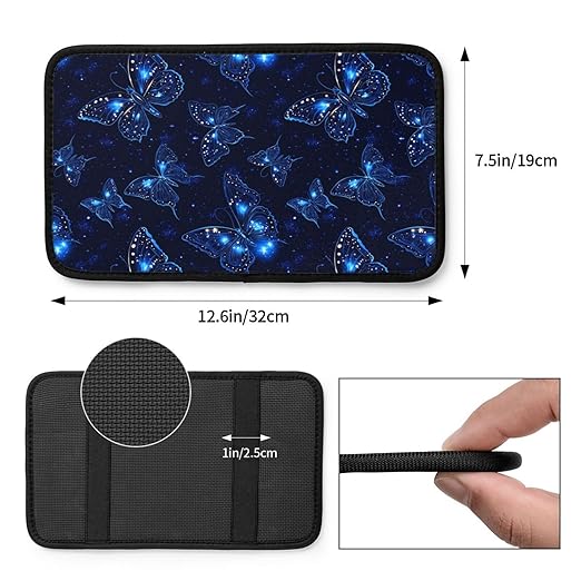 Glowing Neon Blue Celestial Style Butterfly Car Auto Armrest Cushion Cover Accessories Center Console Seat Box Pad Protector Universal Decoration for Most Vehicle SUV Truck