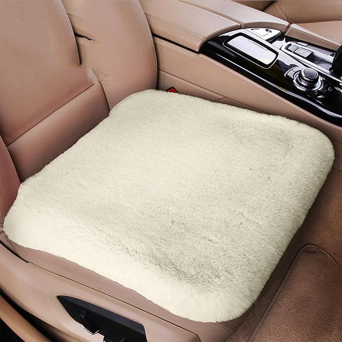Plush Car Seat Cushion, Soft Warm Fuzzy Faux Rabbit Fur Fluffy Plush Auto Seat Cover Vehicle Car Front and Back Seat Protector Pad with Non-Slip Backing Cushion Interior Universal Fit (White,Front*1)
