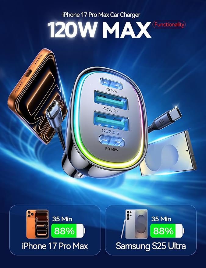 120W for iPhone 17 Pro Max Car Charger, Dual PD 60W & QC 3.0 Cigarette Lighter USB Charger with 60W Type C Cable, Car Charger USB C, Car Accessories for iPhone 17/16 Pro/Air, Galaxy S25, iPad, MacBook