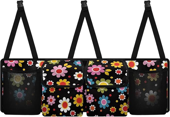 Trunk Organizer for Car Storage Organizer with 4 Pockets, Space-Saving Trunk Storage Organizer with 2 Pockets & 2 Mesh Pouches for Groceries, Hippie Floral Car Accessories for Women