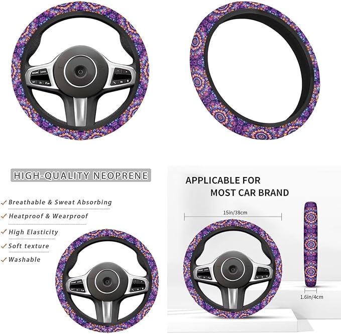 Bohemian Style Car Accessories for Men Women Flower Print Car Steering Wheel Cover Set 6 Pcs Cup Coaster Handbrake Gear Cover Suit for Most Cars Truck Vans SUV