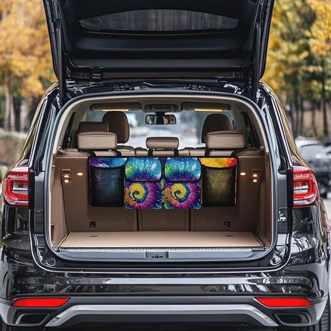 Rainbow Tie Dye Print Large Capacity Trunk Organizer Car Hanging Cargo Storage Bag, 4 Compartments, Multi-color