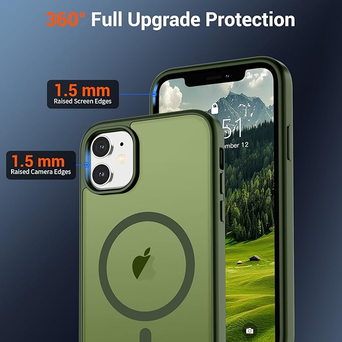 SUPFINE Magnetic for iPhone 12 Mini Case & iPhone 13 Mini Case (Compatible with MagSafe) (Military Grade Drop Protection) Slim Translucent Matte Shockproof Phone Cover,Cangling Green
