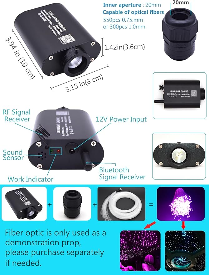 16W Bluetooth APP Control Music Sync Fiber Optic Light Source RGBW Light Box Engine Diver for Car Starlight Headliner Home Indoor Star Ceiling Decoration