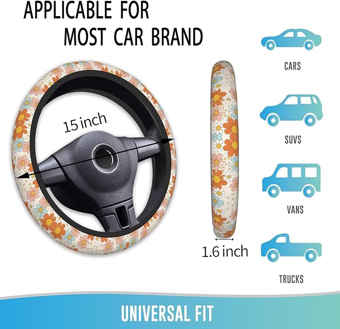 Elastic Steering Wheel Cover Car Accessories Cute Universal 15 Inch Absorbing Sweat Non-Slip Breathable for Woman - Colorful Daisy