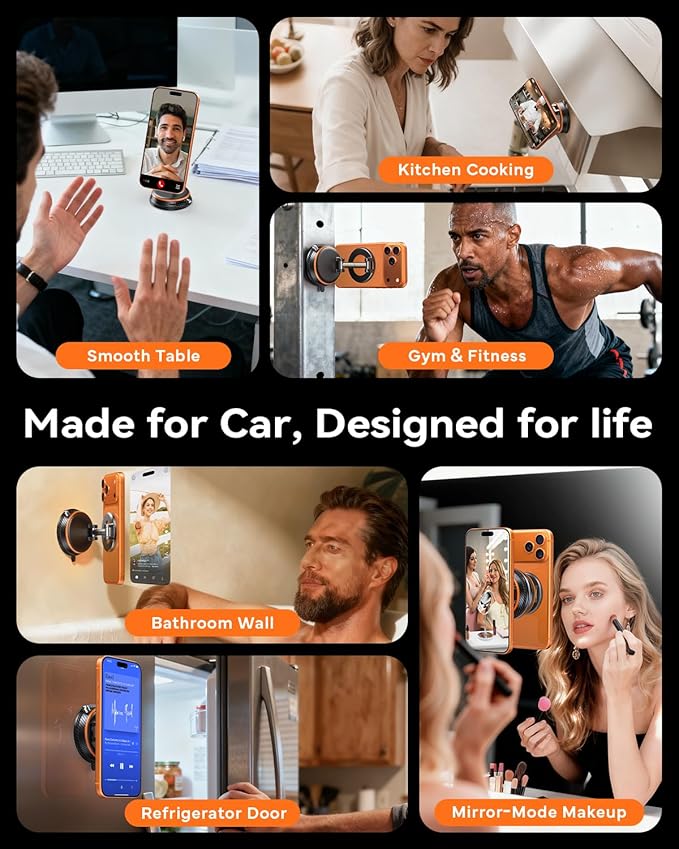 Upgraded Car Phone Holder for Magsafe [98+LBS Strongest Suction & 2400gf Magnetic] Vacuum Magnetic Phone Holders for Your Car 360° Adjustable Car Phone Mount for iPhone & Android Orange