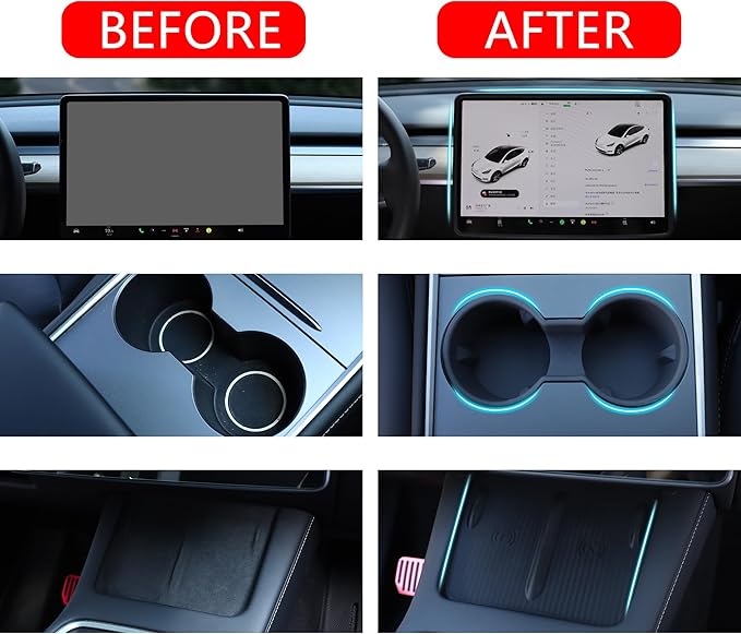 TOPABYTE 3PCS Center Console Accessories for Tesla Model Y 2021-2024 and Model 3 2021-2023 Cup Holder Insert, Screen Edge Protector Frame, Silicone Wireless Charger Mat, Black