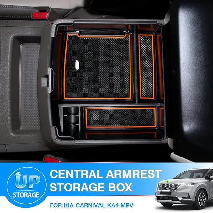 Autorder Center Console Organizer for 2022-2026 Kia Carnival KA4 MPV Accessories Armrest Storage Box Secondary Insert Tray with Orange/Black Silicone Pad