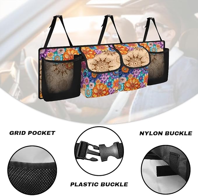 Foldable Auto Hanging Seat Back Storage Bohemian Mandala Floral Blossom Car Organization Women Trunk Hanging Storage Bag