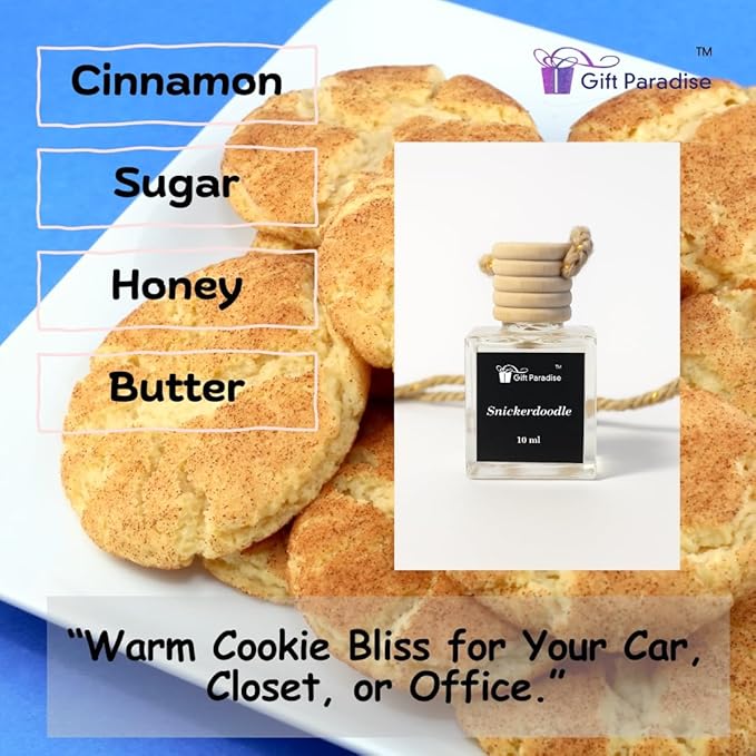 Snickerdoodle Car Air Freshener Set of 3, 10 ml Hanging Diffuser Bottles with Wooden Cap, Sweet Cinnamon Sugar Cookie Scent for Car, Home & Closet, Velvet Gift Bag
