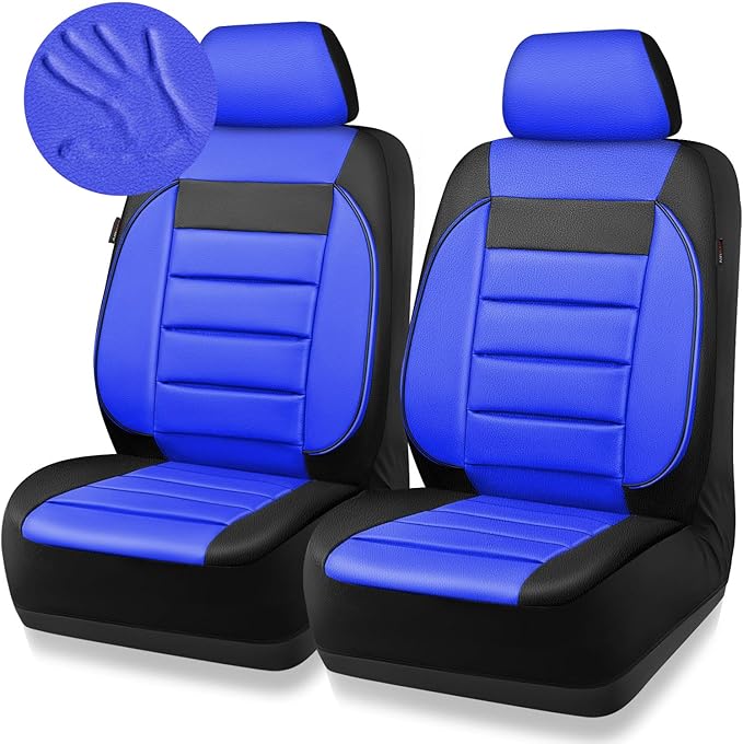 CAR PASS Leather Car Seat Covers Front Seats Only, Universal Fit Automotive Interior Waterproof 3D Foam Back Support Car Seat Covers for Trucks Vans and SUVs Airbag Compatible 2 Pieces Black Blue