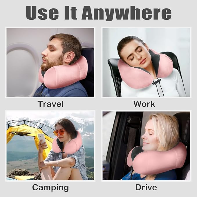 Travel Pillow, Memory Foam Neck Pillow for Traveling, U Shape Neck Pillow Airplane Portable Flight Pillow Travel Kit with 4D Contoured Eye Masks and Earplug for Plane Train Car Home Office - Pink
