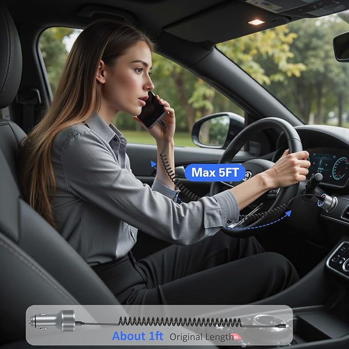 65W 4-Port Super Fast Type C Car Charger USB C for Galaxy S25 S24 S23 Ultra S22 A16 A53 A54 PD/QC3.0 Android Car Phone Charger with Voltage Display Cigarette Lighter Adapter+5FT Type C Coiled Cable