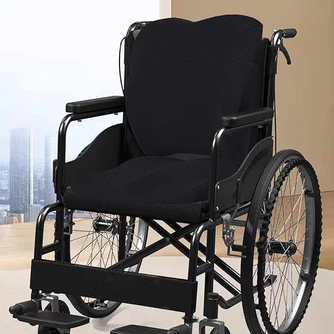 Wheelchair Cushion with Lumbar Pillow (2-Piece Set) for Adults and Seniors.Supportive Memory Foam for Back, Tailbone and Hip Pain Relief, Non-Slip Cover, Removable Straps. (Black)