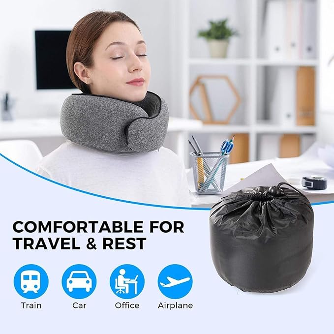 Neck Travel Pillow |100% Pure Memory Foam Neck Pillow Comfortable & Breathable Cover, Machine Washable for Travel, Airplane, Car Rides, & Home Use, Travel Kit with Eye Masks, Earplugs, & Bag (Black)