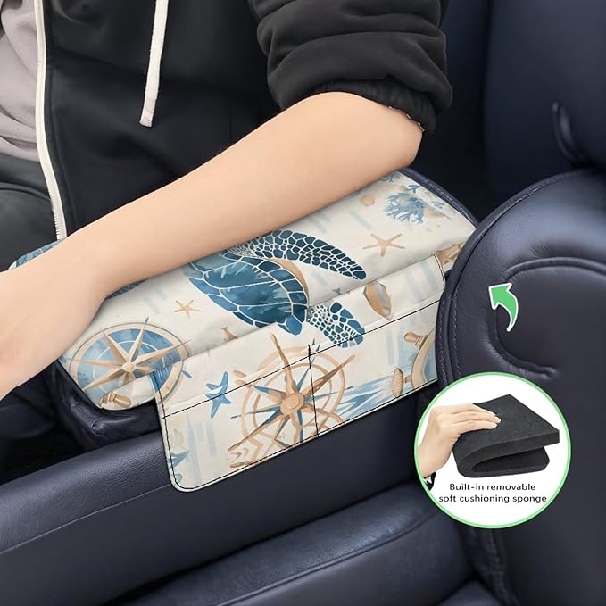 Car Armrest Cover with Pockets, Auto Center Console Pad, Turtle Print Arm Rest Seat Box Protector Car Interior Accessories for Women Men, Fit Most Vehicle,Truck,SUV