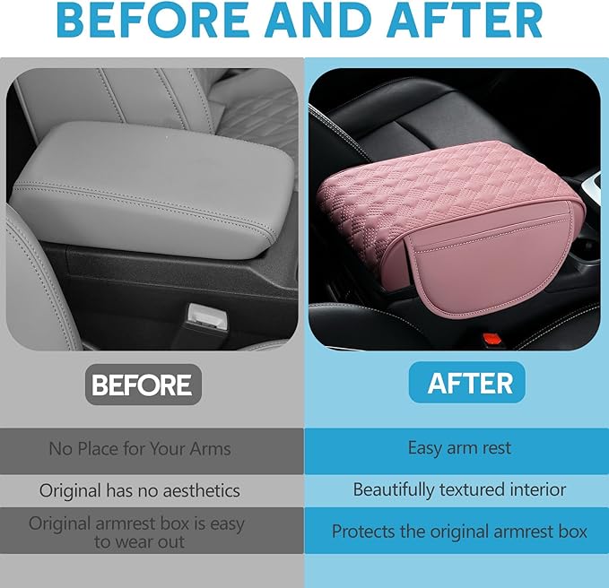 wuyaoyao Car Center Console Cover, 12.2"×8.27"×1.97" Leather Center Console Protector, Auto Armrest Pad with 2 Storage Pocket, Universal Armrest Cover Cushion for Most Cars, Trucks, SUVs (Pink)