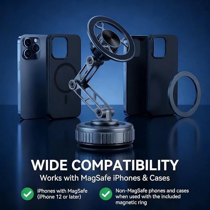 Vacuum Suction Car Phone Mount [80LBS Strong Suction & 3-Section Long Arm] Magnetic Dashboard Holder for Car, 360° Rotation Stand with Metal Ring for iPhone 17 16 15 14 13, Samsung & All Phones
