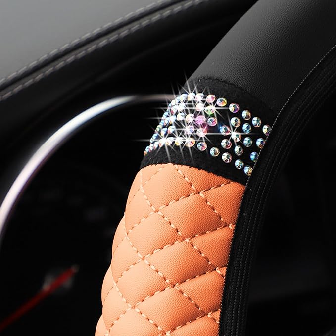 Bling Car Steering Wheel Cover, 15 Inch Rhinestones Soft Leather Elastic Steering Wheel Protector, Sparkly Crystal Diamond for Women Girls, Car Interior Accessories for Most Cars (Orange)