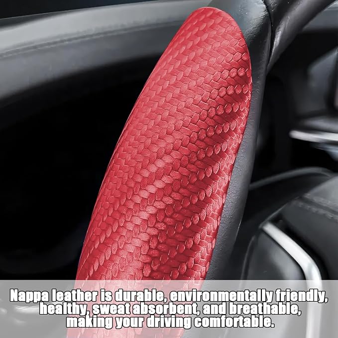 Mandark 3PCS Carbon Fiber Car Steering Wheel Cover, Anti-Skid Leather Vehicle Segmented Steer Wheel Protector, Auto Interior Protection Guard Accessories, Universal for Most Cars (Red)