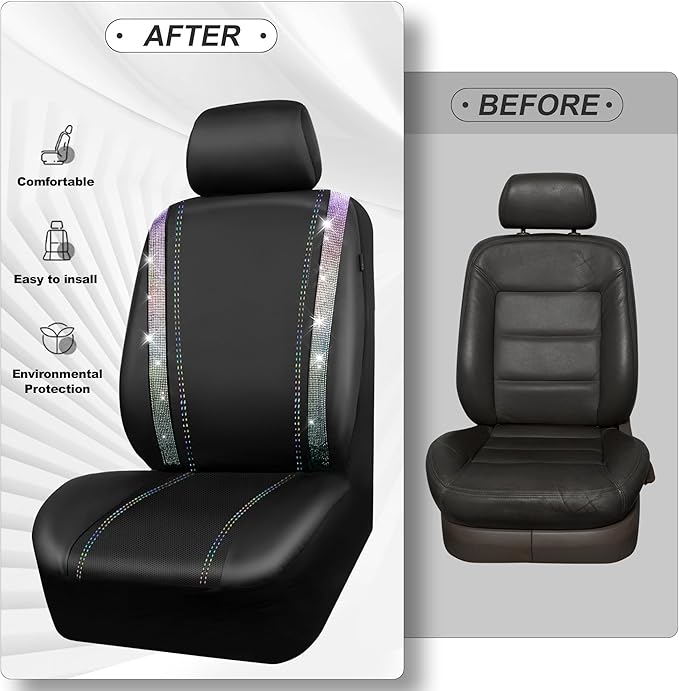 CAR PASS Leather Bling Diamond Car Seat Covers 2 Front Interior Sets, Waterproof Universal Shining Glitter Crystal Sparkle Fit for 95% Auto Truck SUV Cute Women Girl, Black Multicolor Rhinestone