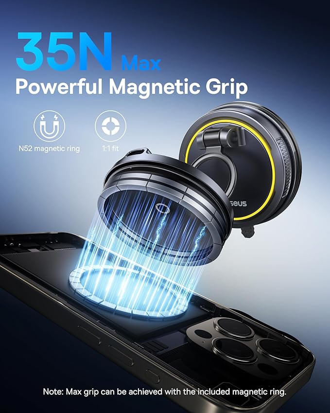 Baseus Vacuum 15W for Magsafe Car Mount Charger, 119LBS Suction Cup 720° Adjustable Magnetic Car Charger Phone Holder, Foldable Cell Phone Holder with Reusable Washable Gel for Car & for 17to13 iPhone