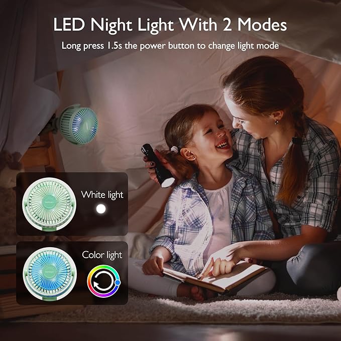 Momcozy 8000mAh Portable Stroller Fan, 27H Ultra-long Battery Life Detachable 4 Speed 360°Rotate LED Night Light with 2 Modes, USB Rechargeable Handheld Cooling Fan for Travel/Car Seat/Bedroom