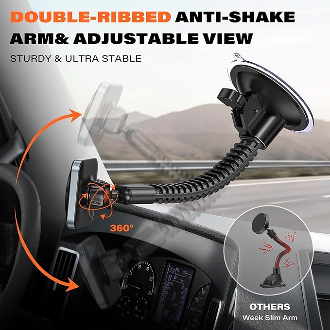 APPS2Car for Heavy-Duty MagSafe Truck Phone Mount, 4.33" Extra Large Vacuum Suction Cup, 20 Strong Magnets, Ultra-Stable Double-Rib Long Arm, Magnetic Phone Holder for Pickup, Semi Trucks, Tractor