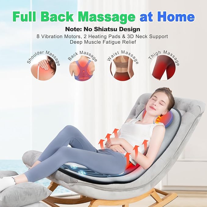 Vibration Back Massager with Heat for Chair, Massage Pad with Neck Support, Short Plush Cover, Seat Cushion for Seniors, Office Workers & Family,Fatigue & Pain Relief in Office,Home & Travel