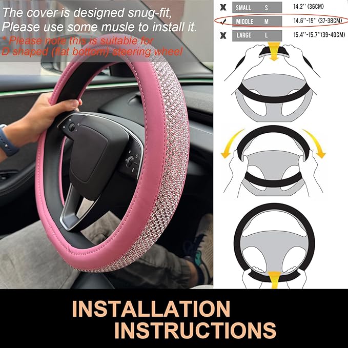 PINCTROT D Shaped Bling Comfy Steering Wheel Cover with Jumbo Crystal Rhinestones, Anti-Slip Diamond Leather, Flat Bottom 14.5-15 Inch (All Pink)