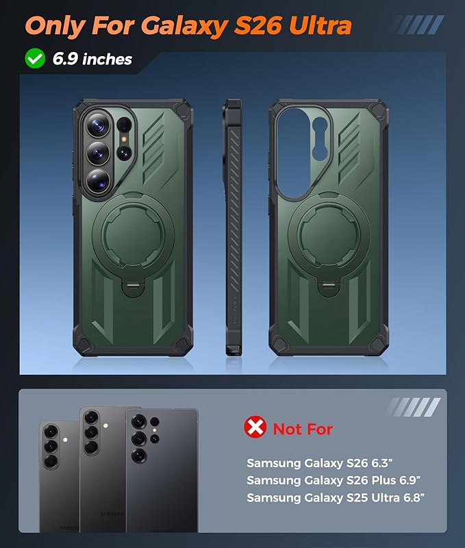 FNTCASE for Samsung Galaxy S26-Ultra Case: [360 Spin Magnetic Ring Kickstand] [Compatible for MagSafe] [Screen Protector] Heavy Duty Military Grade Protection Protective Phone Case with Stand Green